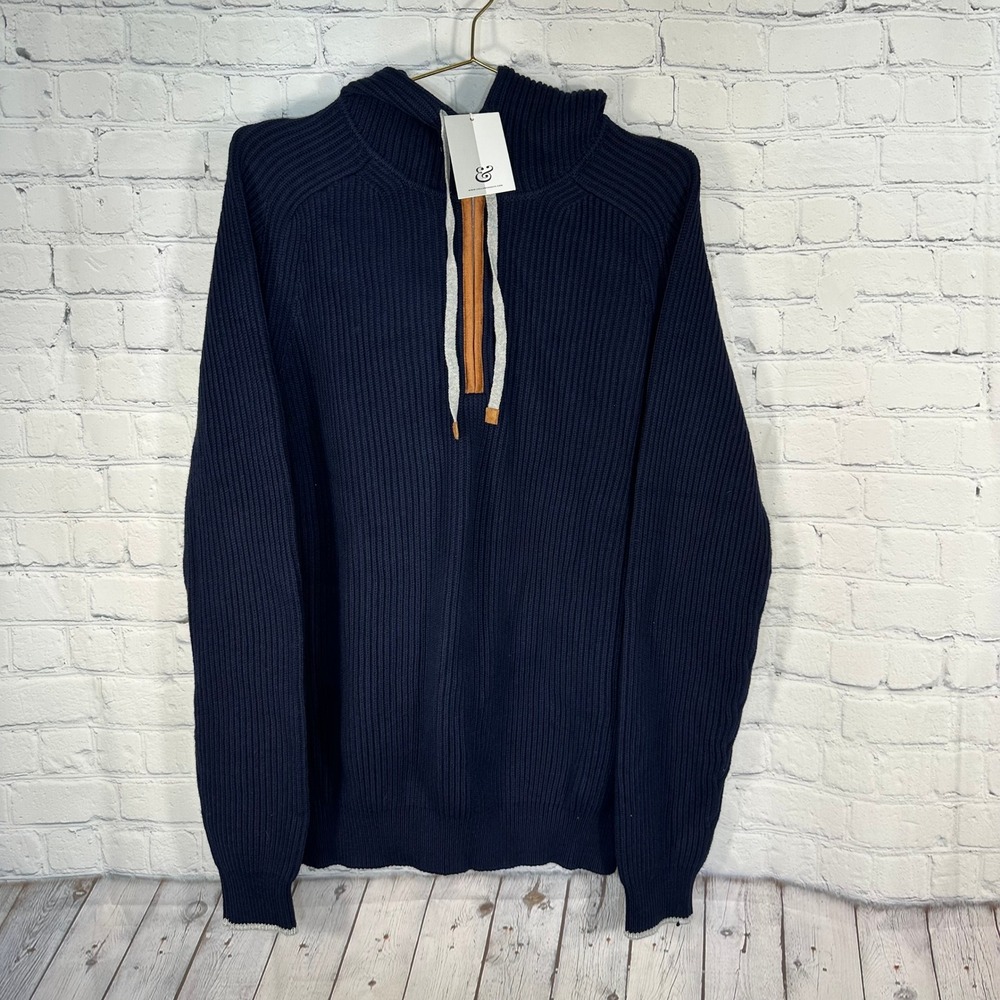 NEW Collars & Co Mens Navy Cotton Cashmere Ribbed Quarter Zip Hooded Sweater L